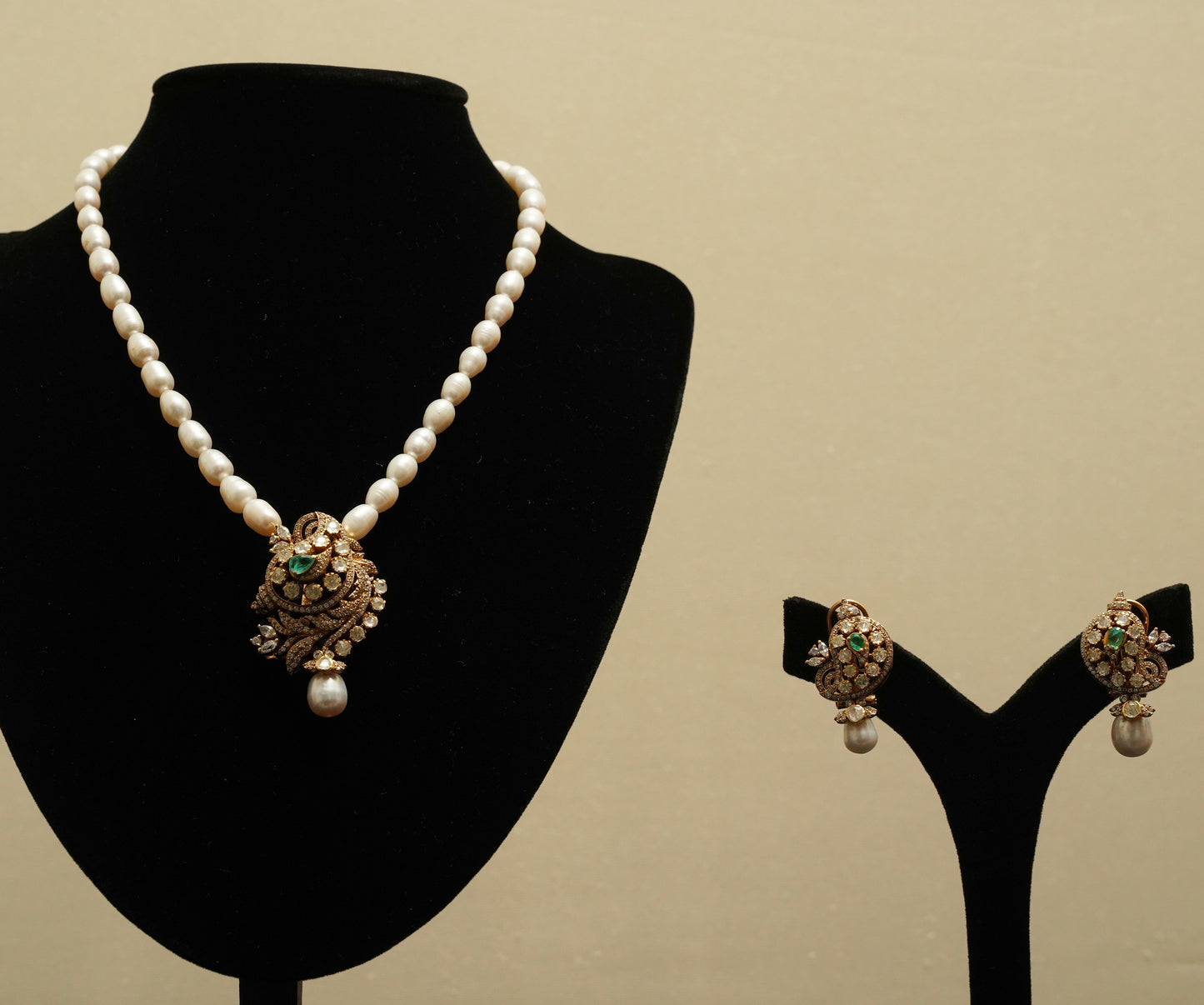 Ornate Pearl Charm Necklace & Earring Set